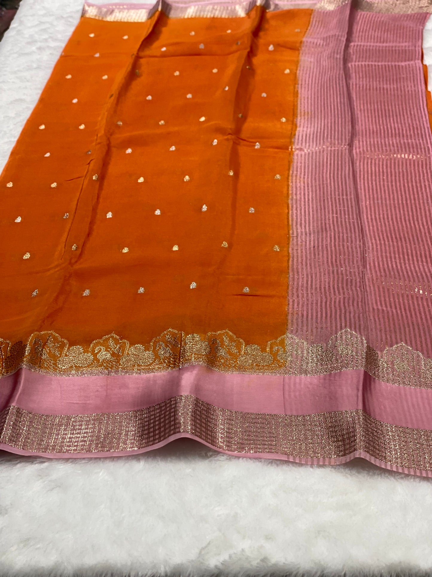 Golden Zari Pure crepe satin silk