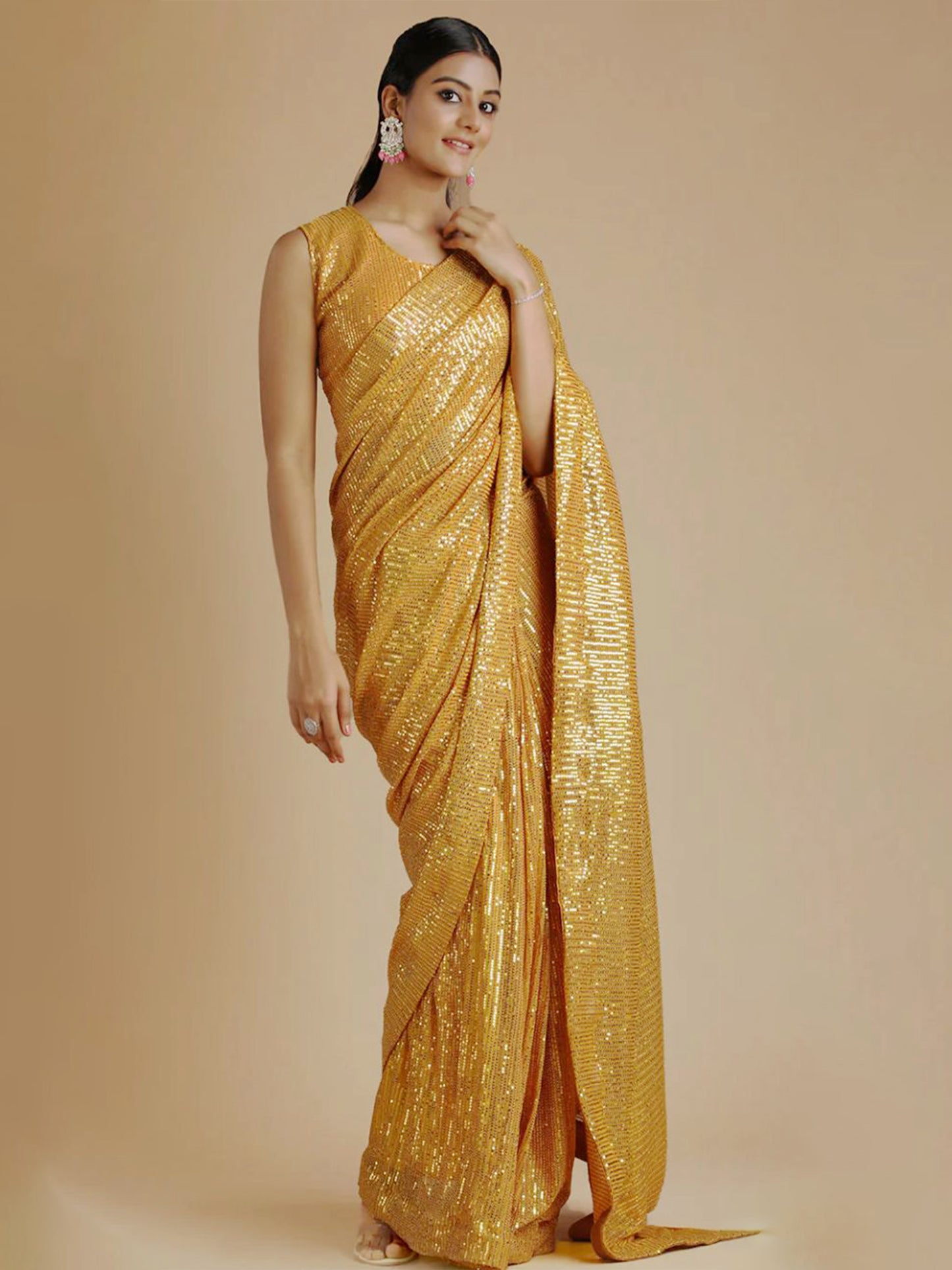 Golden Radiance: Pure Sequin Embellished Designer Saree