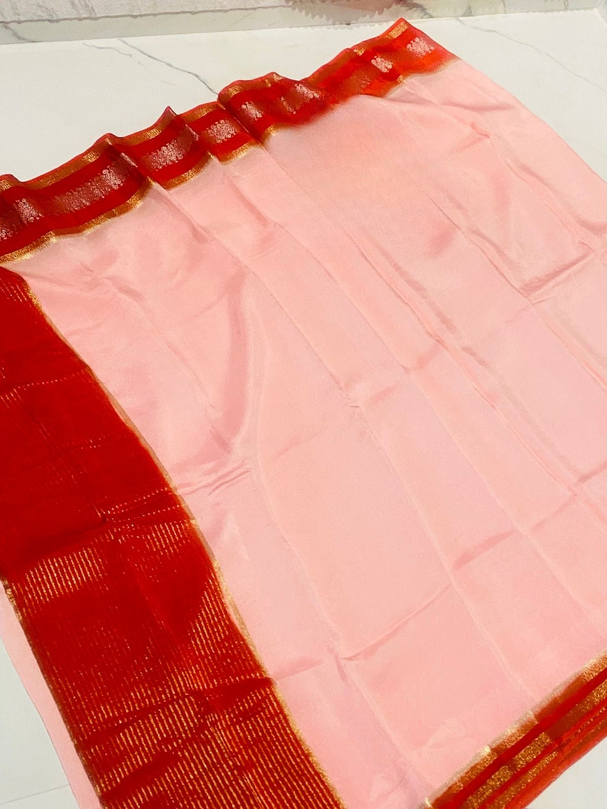 Pure Crepe Silk Saree in Soft Pink with Rich Red Zari Border