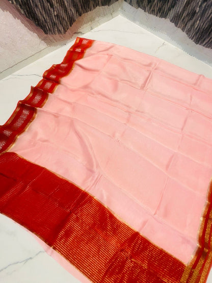Pure Crepe Silk Saree in Soft Pink with Rich Red Zari Border