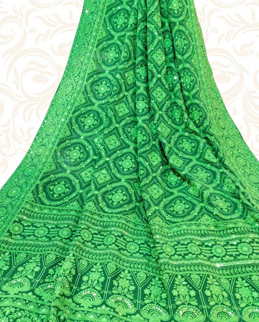 Pure Georgette Chikankari Saree Bottle Green