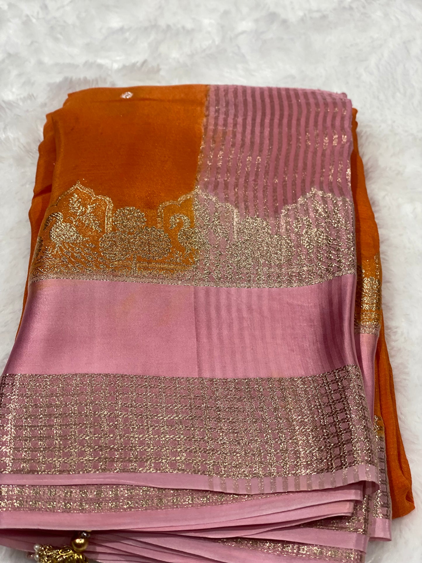 Golden Zari Pure crepe satin silk