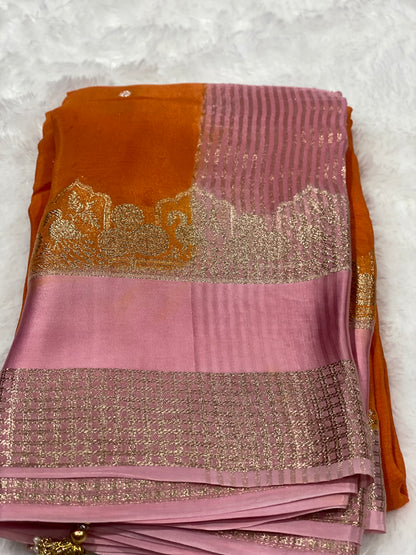 Golden Zari Pure crepe satin silk