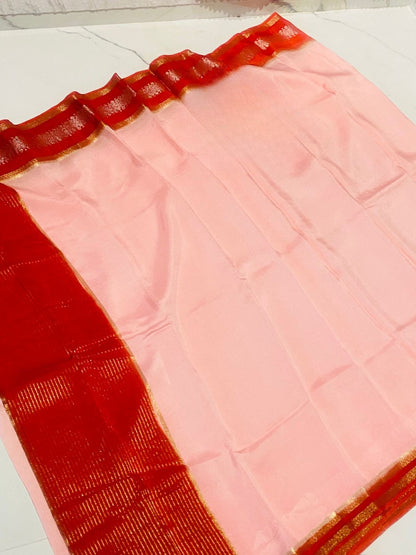 Pure Crepe Silk Saree in Soft Pink with Rich Red Zari Border