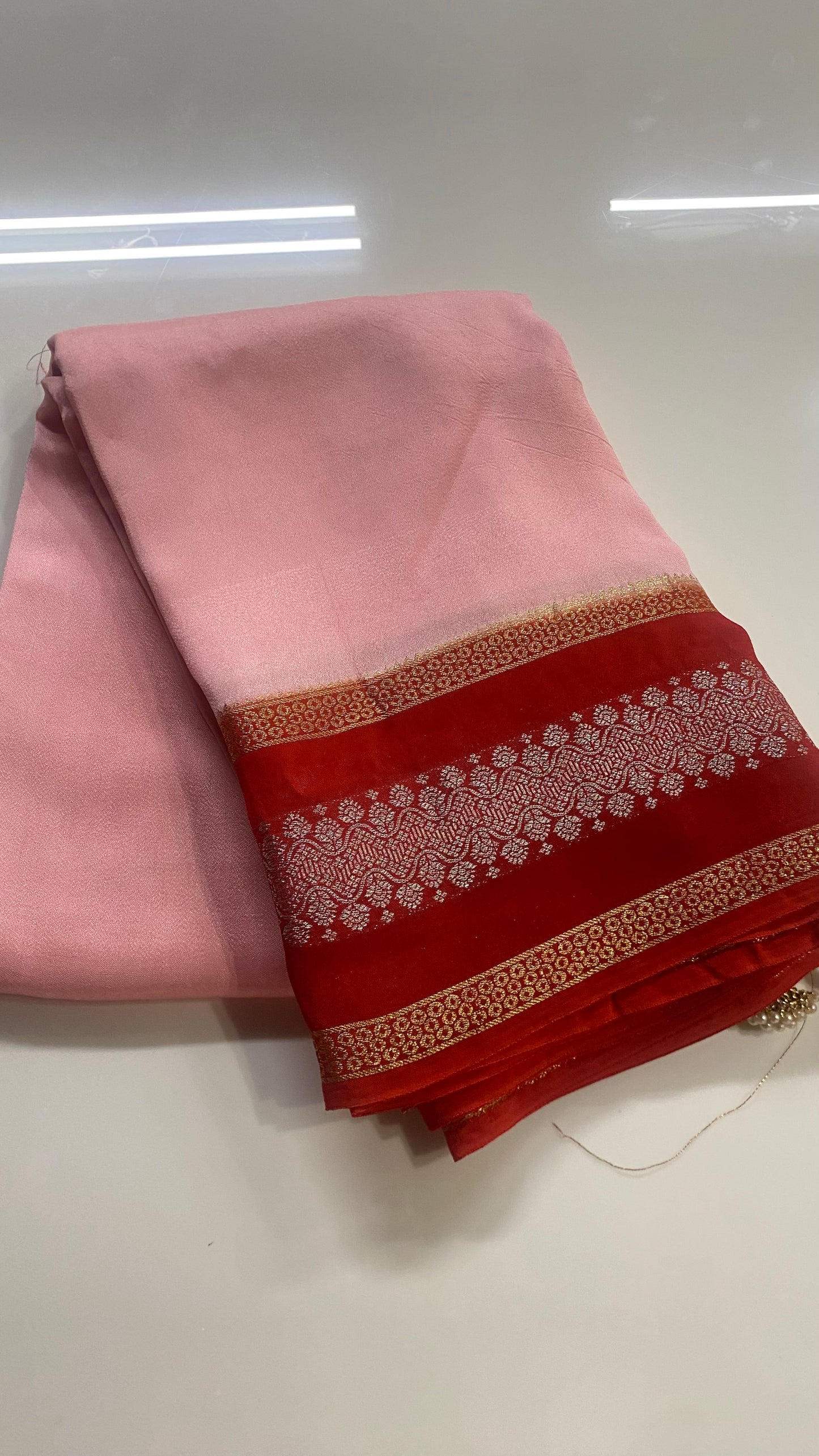Pure Crepe Silk Saree in Soft Pink with Rich Red Zari Border