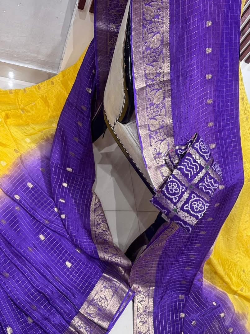 PURE 2 shades munga silk with banarasi border intricate checks weaving and bandhej blouse