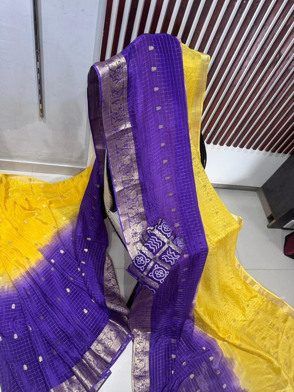 PURE 2 shades munga silk with banarasi border intricate checks weaving and bandhej blouse