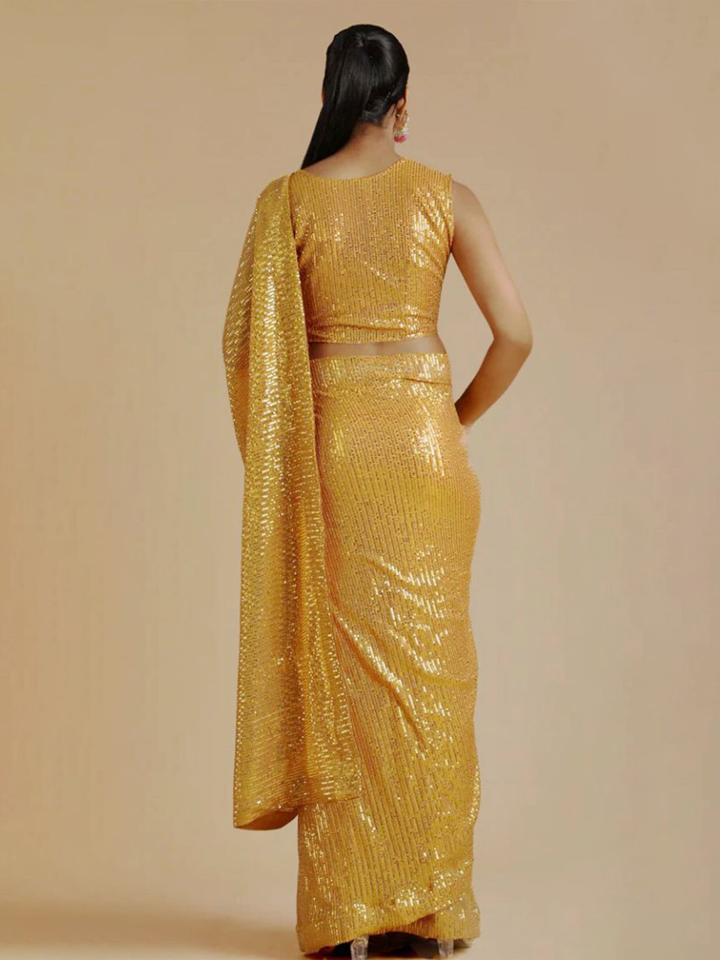 Golden Radiance: Pure Sequin Embellished Designer Saree