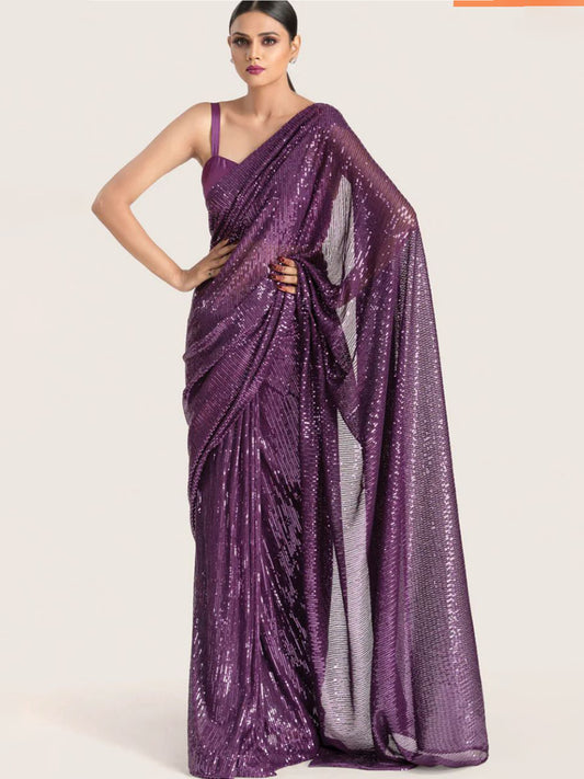 Royal Amethyst: Designer Sequin Saree in Deep Purple