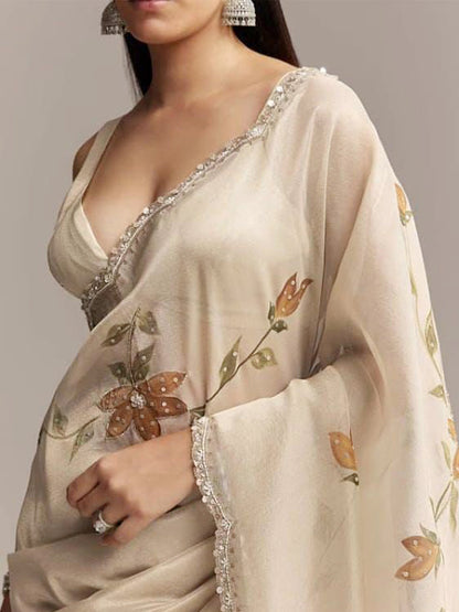 Beige Organza Saree with Embroidered Floral Motifs
