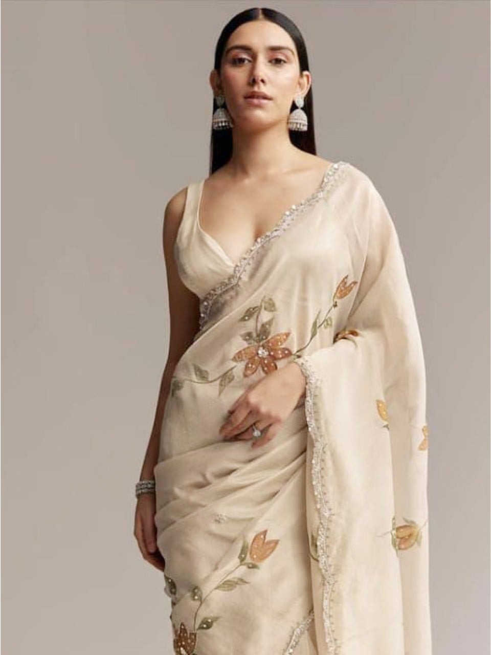 Ethereal Elegance: Ivory Organza Saree with Hand Embroidered Floral Motifs
