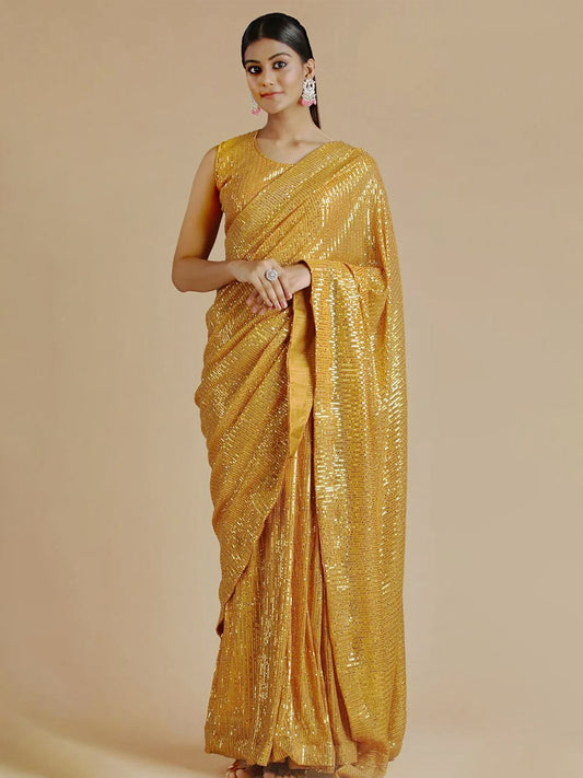 Golden Radiance: Pure Sequin Embellished Designer Saree