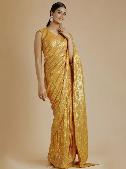 Golden Radiance: Pure Sequin Embellished Designer Saree