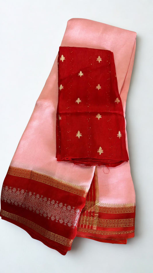 Pure Crepe Silk Saree in Soft Pink with Rich Red Zari Border