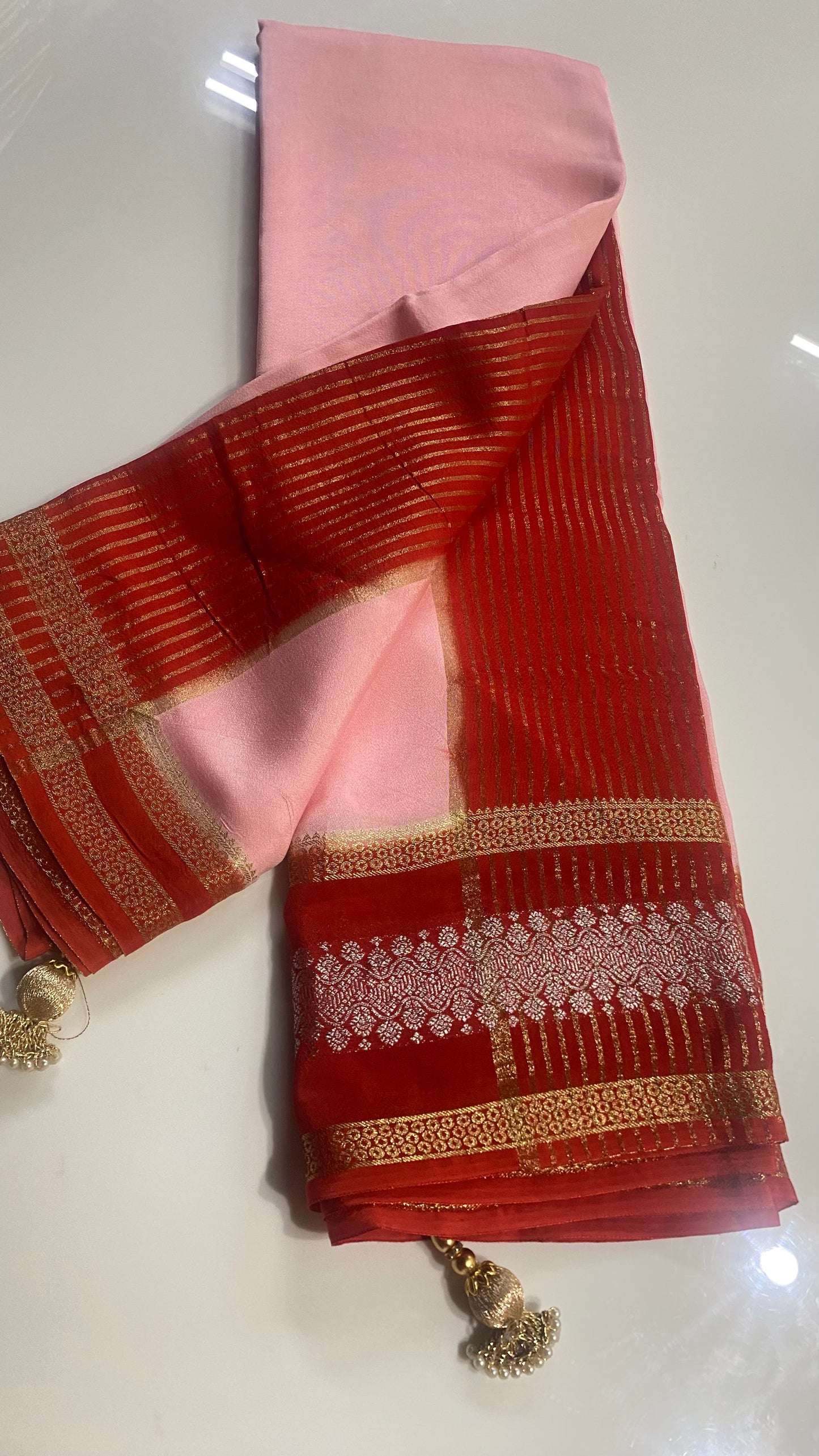 Pure Crepe Silk Saree in Soft Pink with Rich Red Zari Border