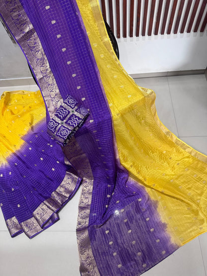 PURE 2 shades munga silk with banarasi border intricate checks weaving and bandhej blouse