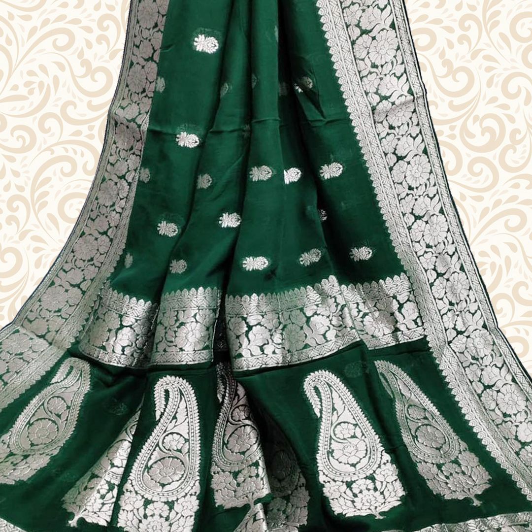 Banarasi Khaddi Georgette Saree Bottle Green