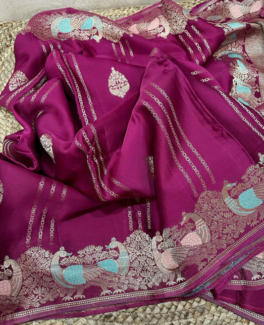 Satin Silk Saree with Bird and Elephant Intricate Weaving