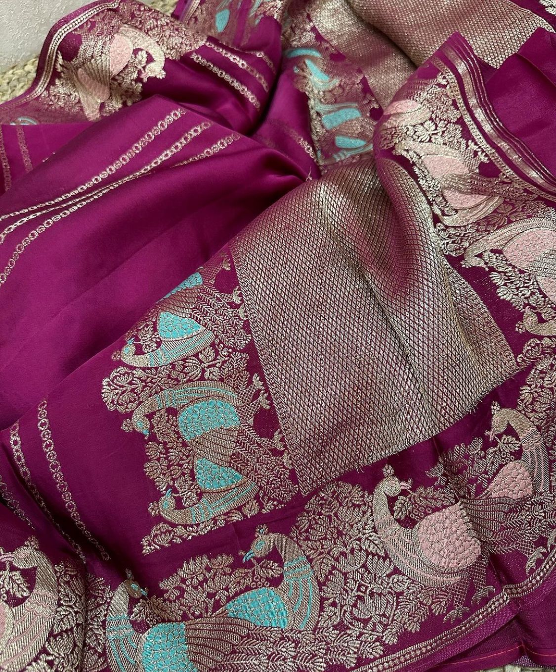 Satin Silk Saree with Bird and Elephant Intricate Weaving