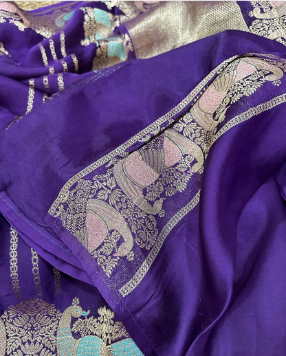 Satin Silk Saree with Bird and Elephant Intricate Weaving