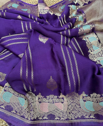 Satin Silk Saree with Bird and Elephant Intricate Weaving