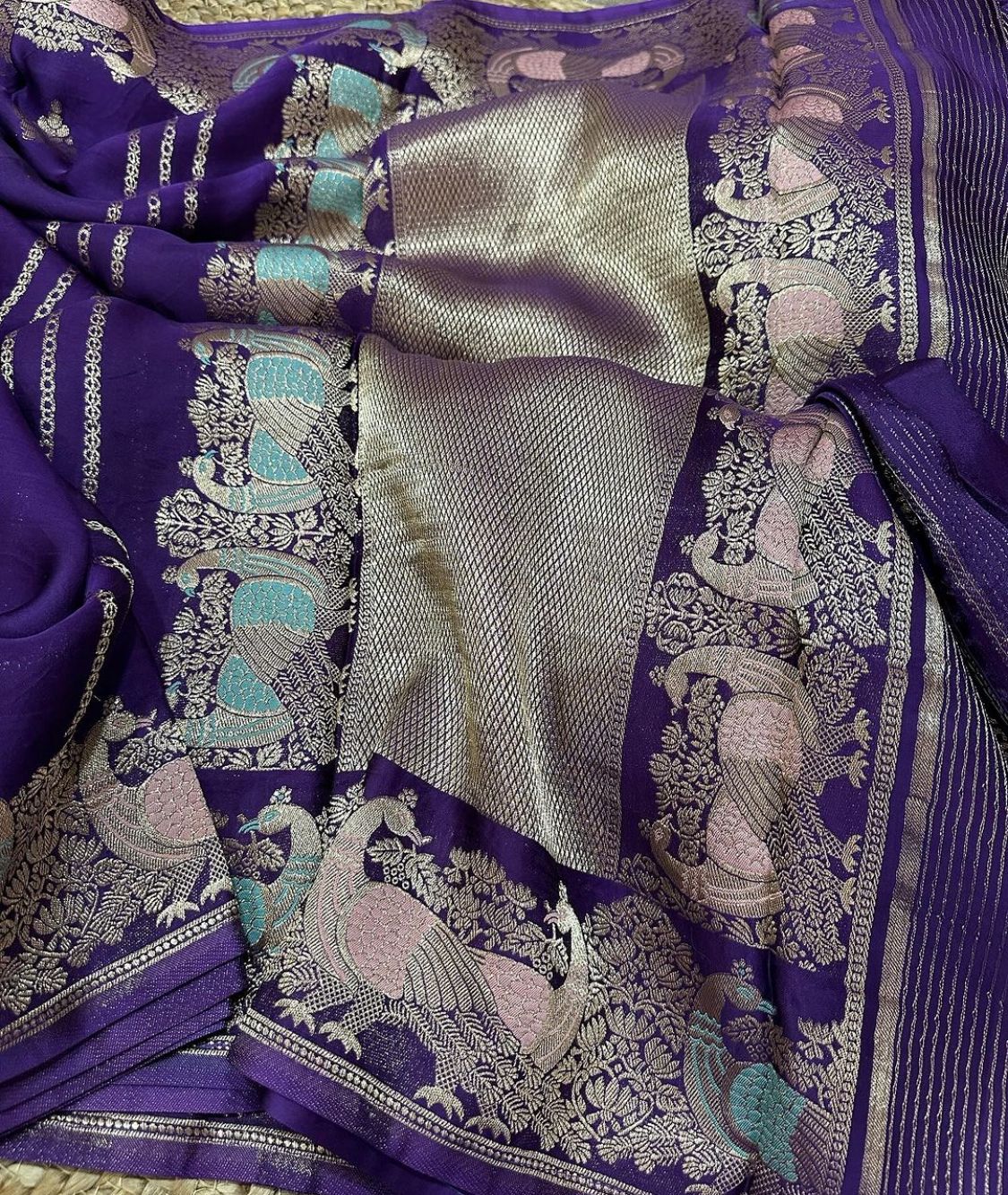 Satin Silk Saree with Bird and Elephant Intricate Weaving