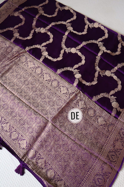 Banarasi Mushru Satin Silk Saree with All-Over Jaal & Grand Border