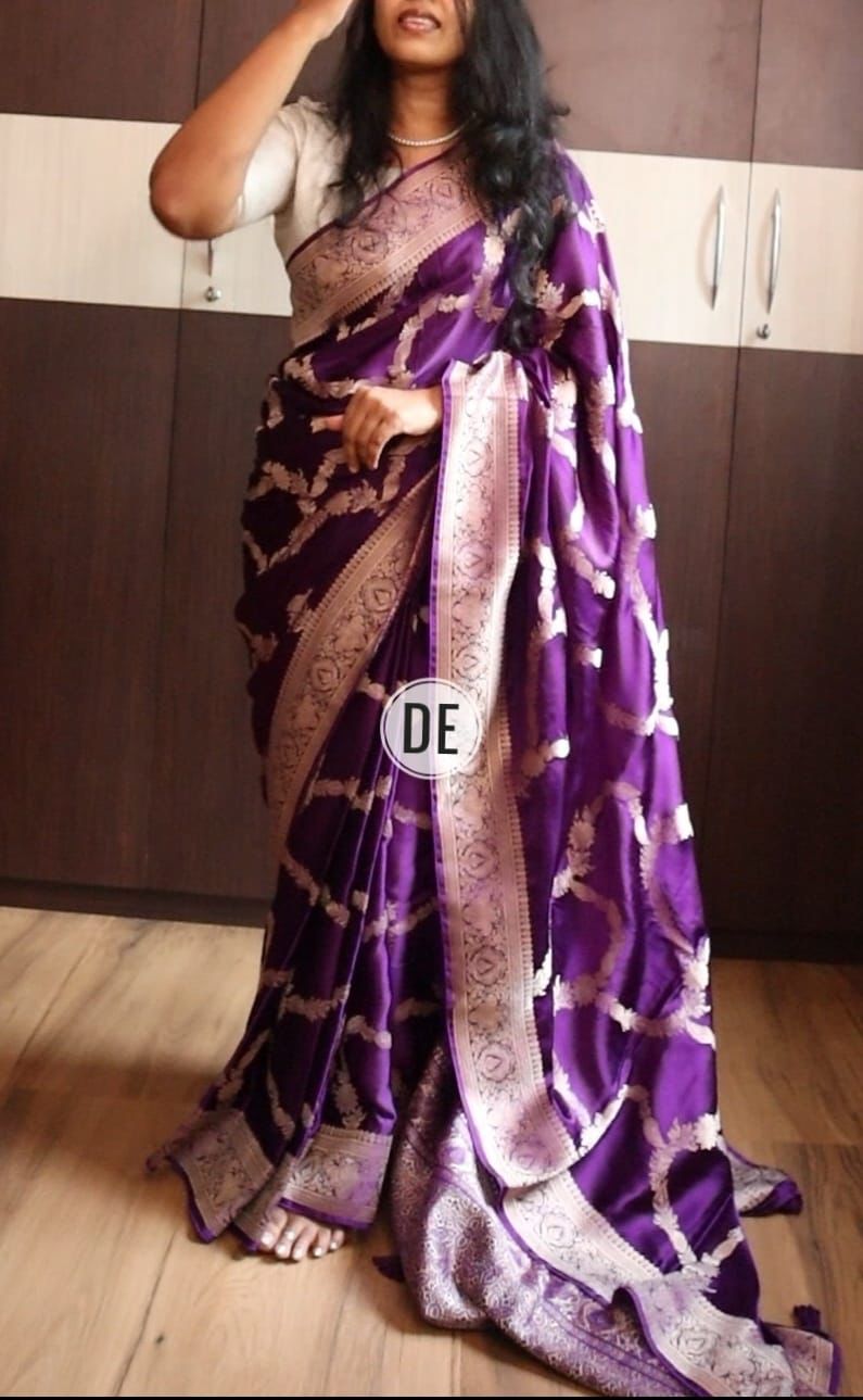 Banarasi Mushru Satin Silk Saree with All-Over Jaal & Grand Border