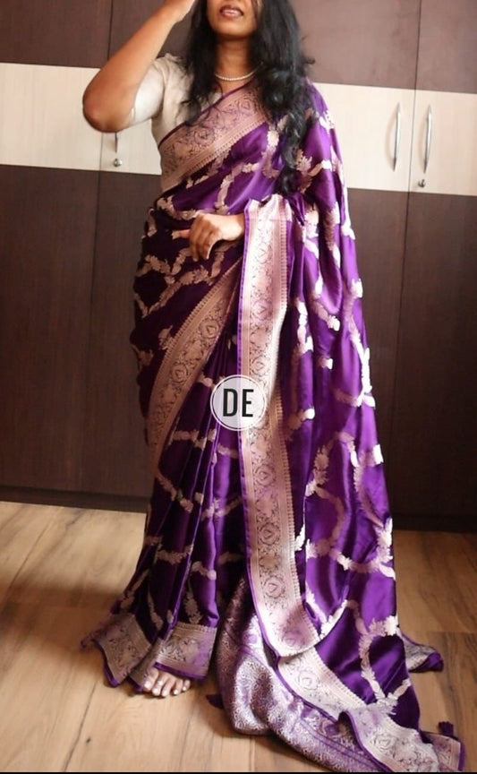 Banarasi Mushru Satin Silk Saree with All-Over Jaal & Grand Border