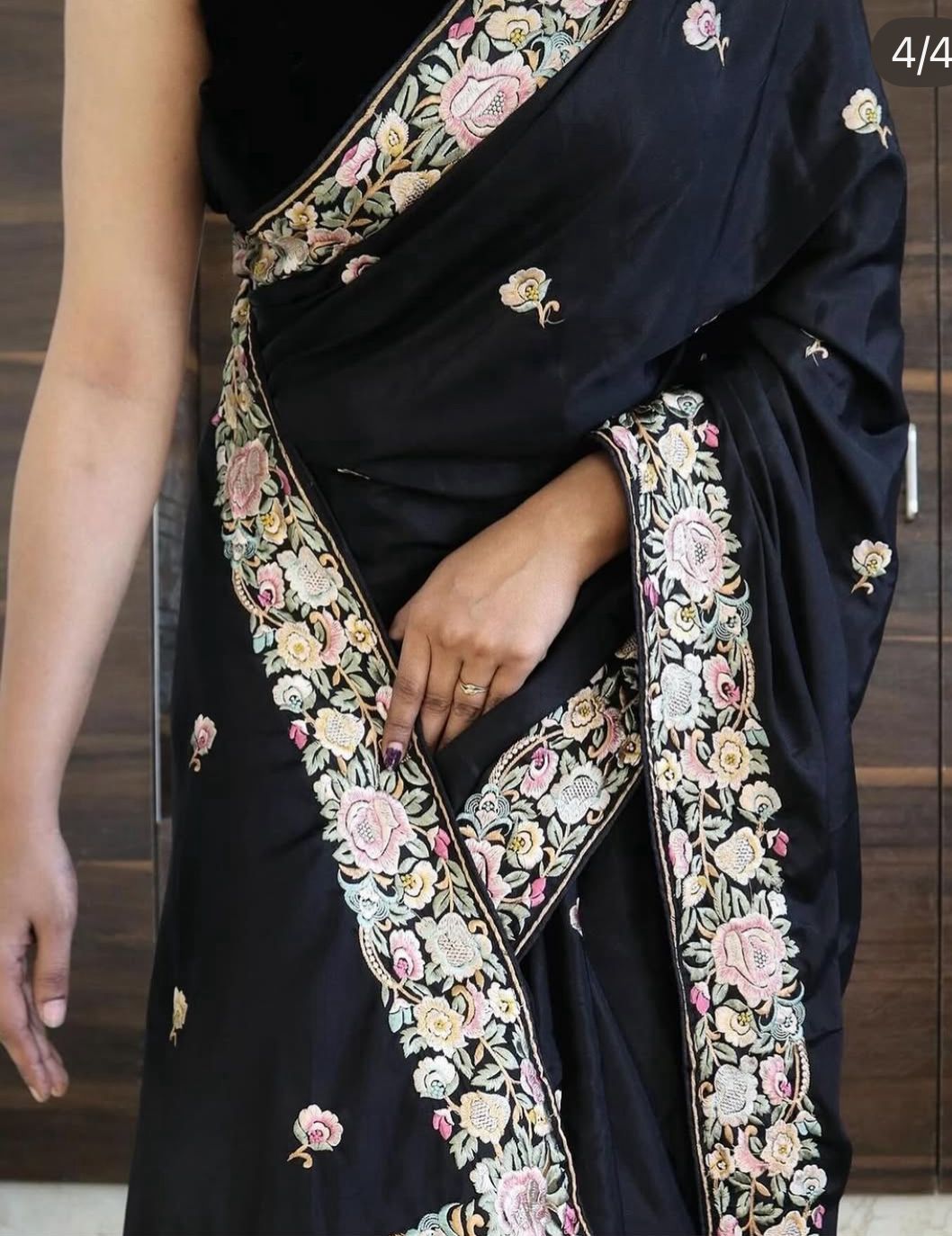Timeless Black Parsi Gara Embroidered Silk Saree with Floral Motifs & Detailed Border