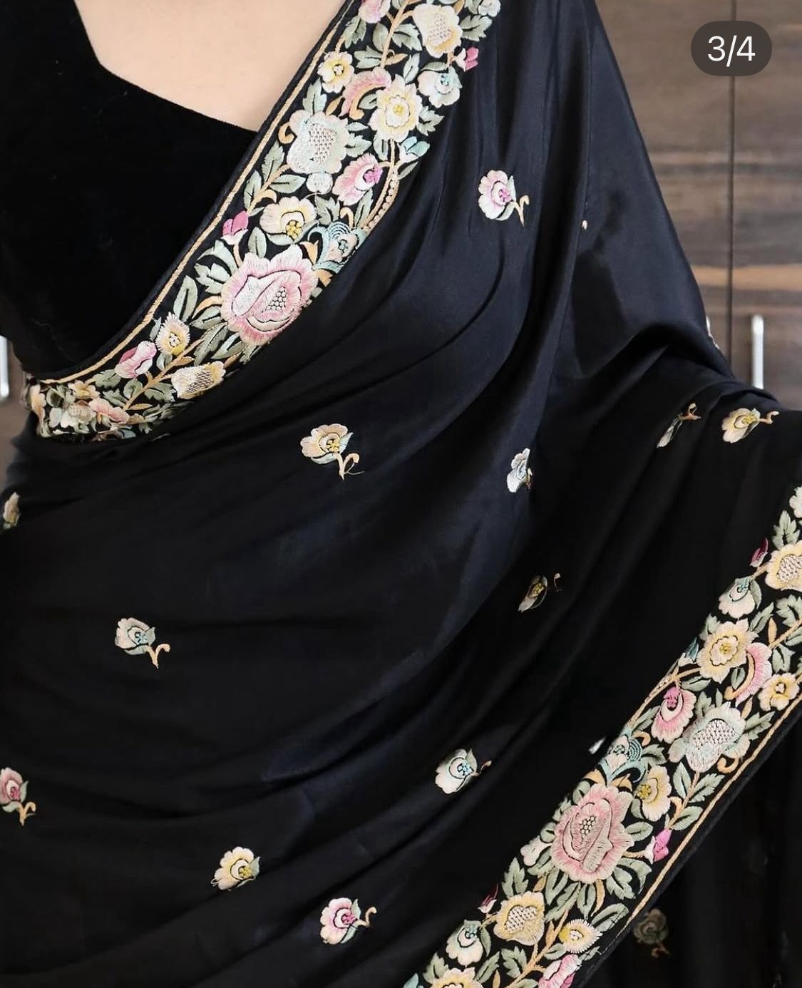 Timeless Black Parsi Gara Embroidered Silk Saree with Floral Motifs & Detailed Border