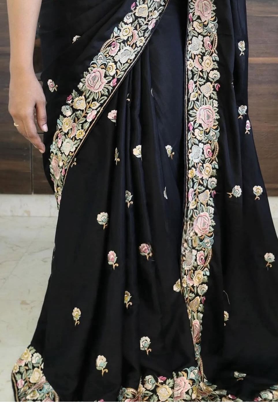 Timeless Black Parsi Gara Embroidered Silk Saree with Floral Motifs & Detailed Border