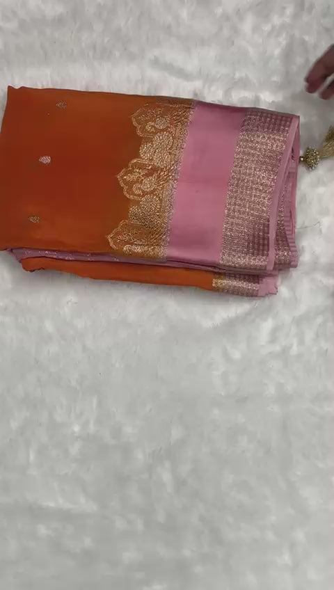 Golden Zari Pure crepe satin silk