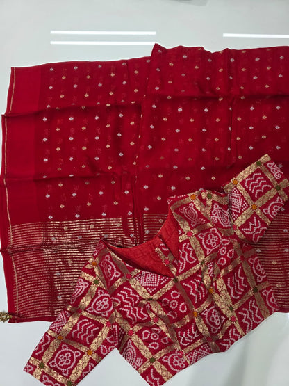 Deep Red Crepe silk with Bandhani Blouse