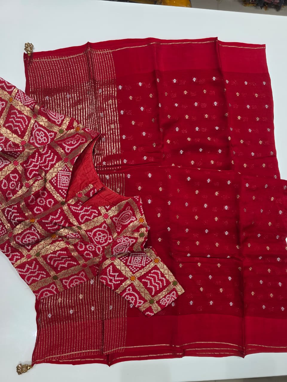 Deep Red Crepe silk with Bandhani Blouse