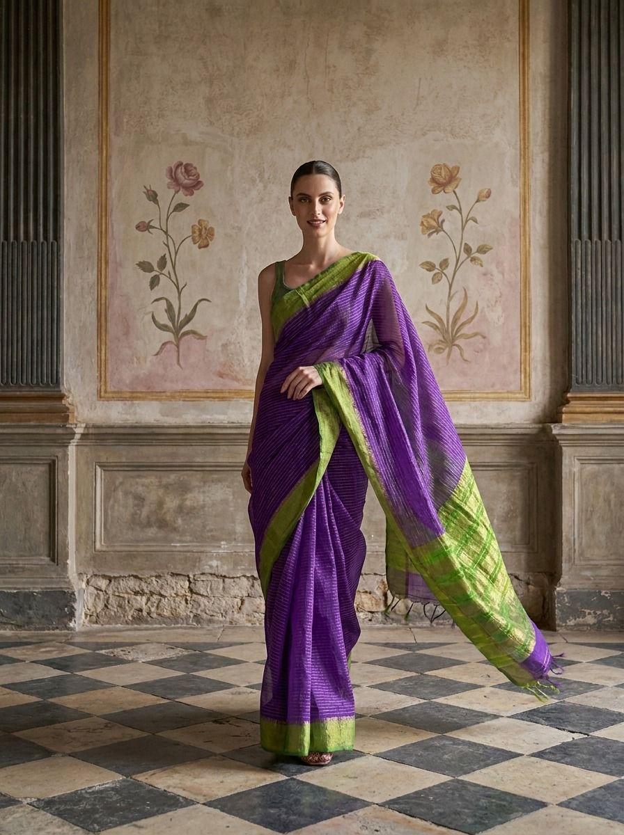 Purple Munga Silk with Green Tissue Border