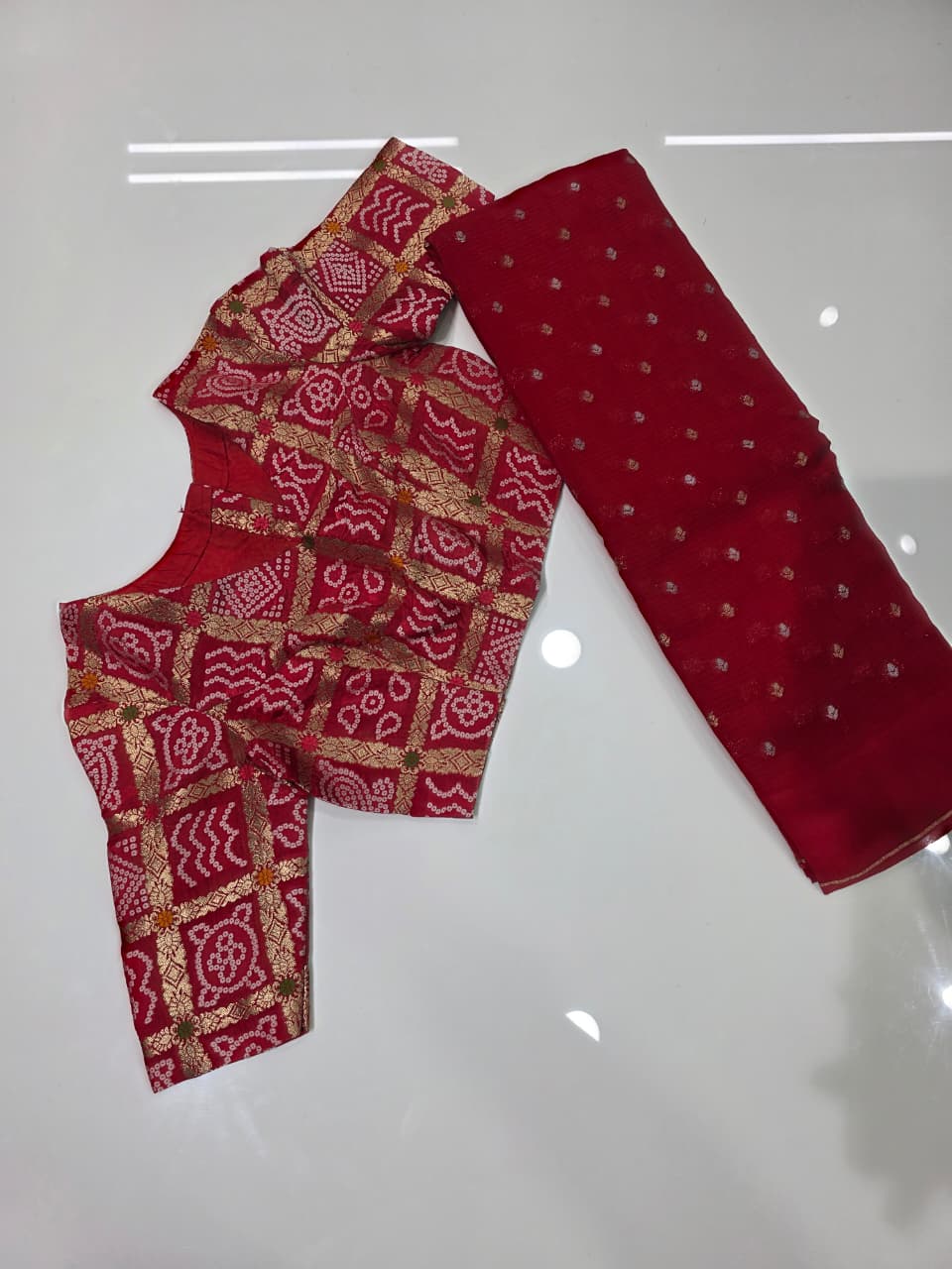 Deep Red Crepe silk with Bandhani Blouse